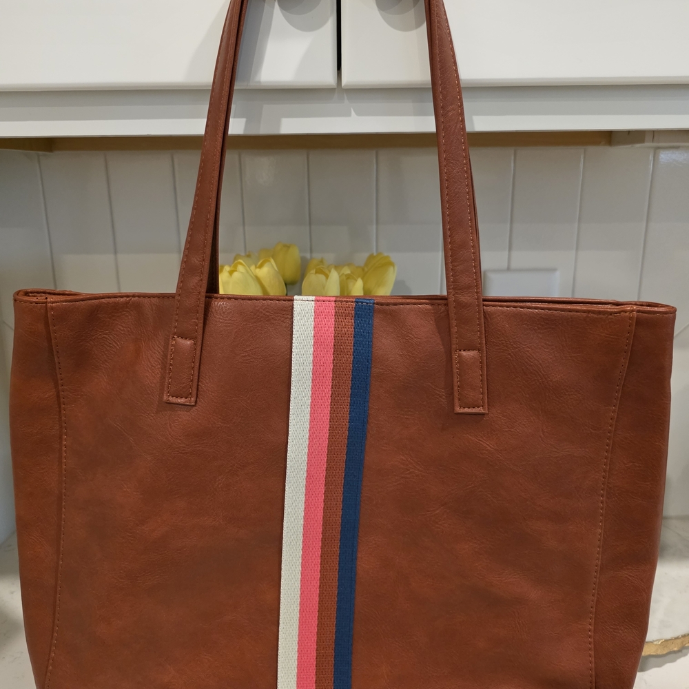 Elegant Tan Tote Bag with Striped Detail